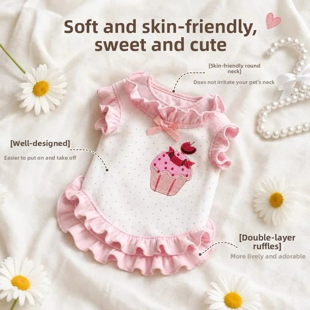 Cake Embroidery Cat Dog Flower Edges Skirt Polka Dots Thin Summer Pet Vest Flying Sleeves Breathable Cat Princess Dress