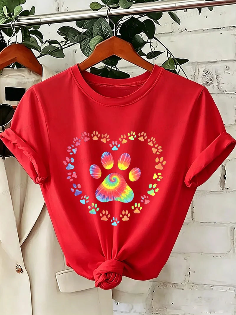 Dog Paw Print Heart Animal Lover T-Shirts Colorful Dog Paw Colorful Dog Paw Shirts Heart Anime Women's T-Shirts Short Sleeve