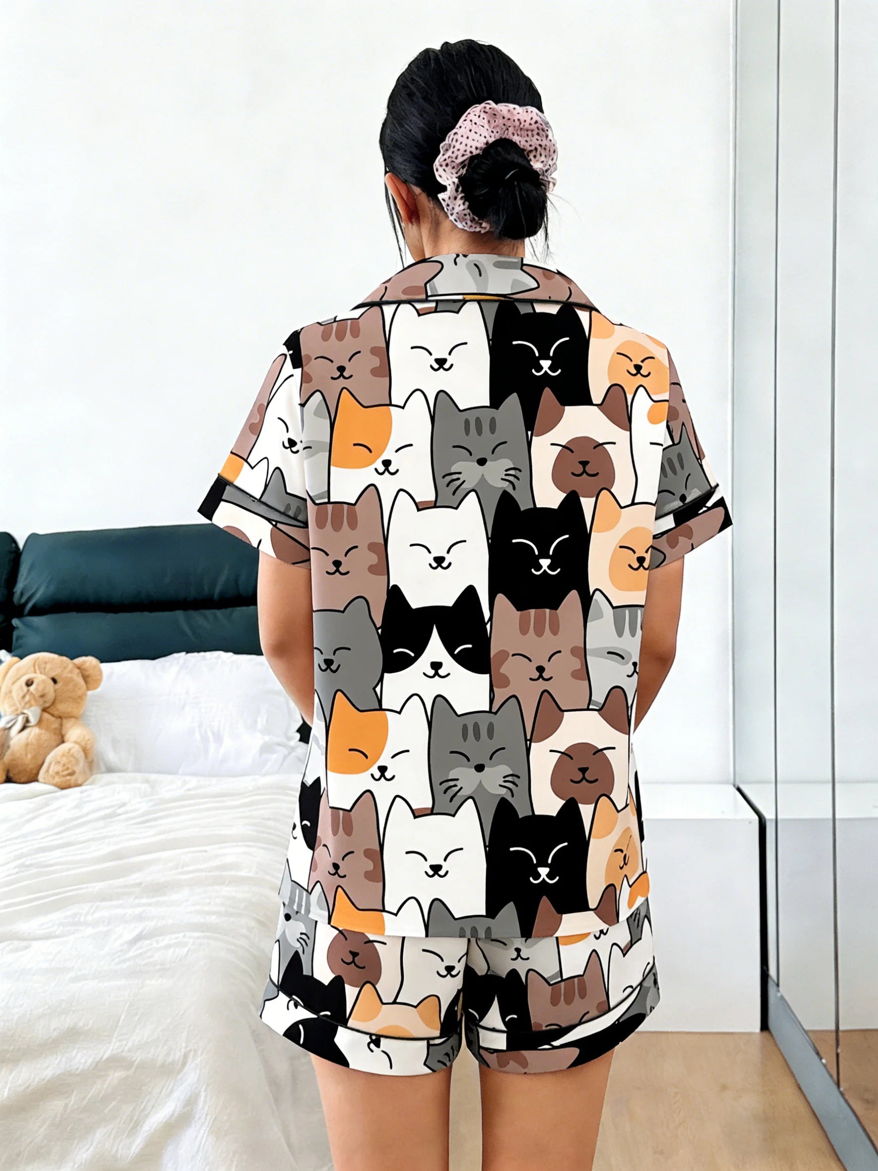 Women Pajamas Cardigan Lapel Short Sleeve Shorts 2 Piece Set Spring Summer Cute Cat Print Homewear Loungewear
