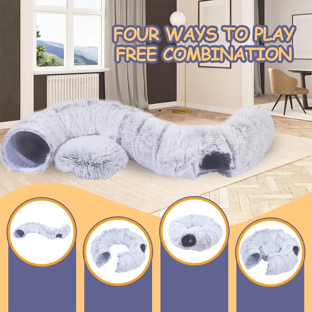 New Arrival Plush Cat Tunnel Bed Foldable Two-in-One round Warmth Pet Nest Thickened Cozy Cuddly Cat Hideaway