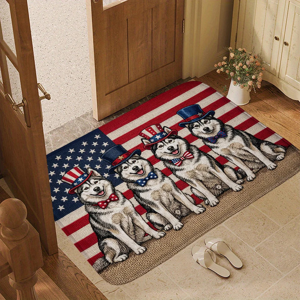 Patriotic Husky Dog Doormat US Flag Independence Day Entrance Rug Funny Animals Non-Slip Welcome Floor Mat for Home Decor