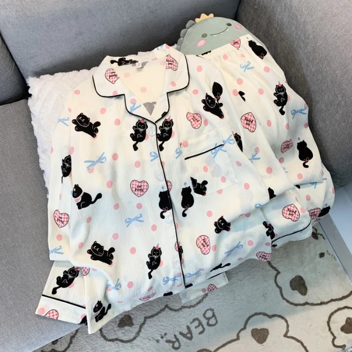 Love Cat Bow Tie Dot Print Kawaii Set 2 Piece Woman Pajamas Harajuku Style Sweet Cute Women's Pajamas Casual Spring Sleepwear
