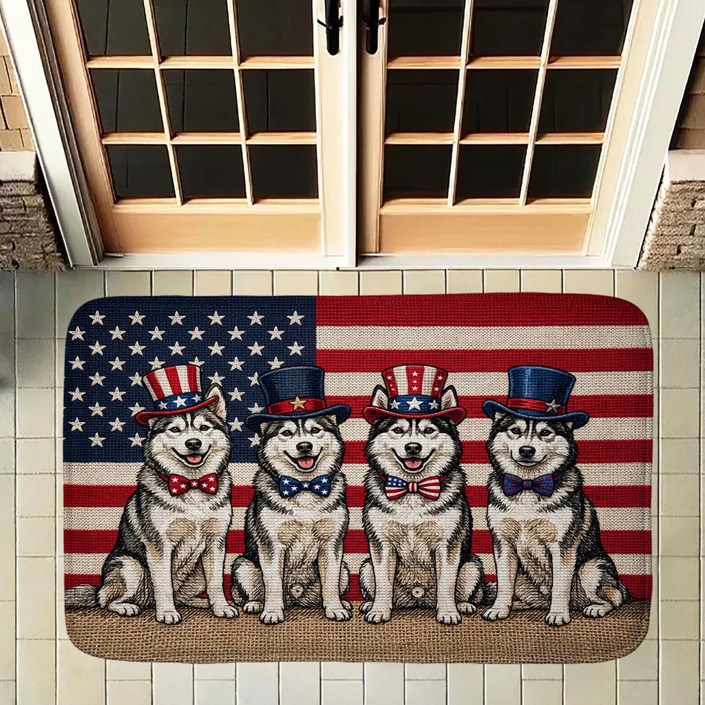 Patriotic Husky Dog Doormat US Flag Independence Day Entrance Rug Funny Animals Non-Slip Welcome Floor Mat for Home Decor