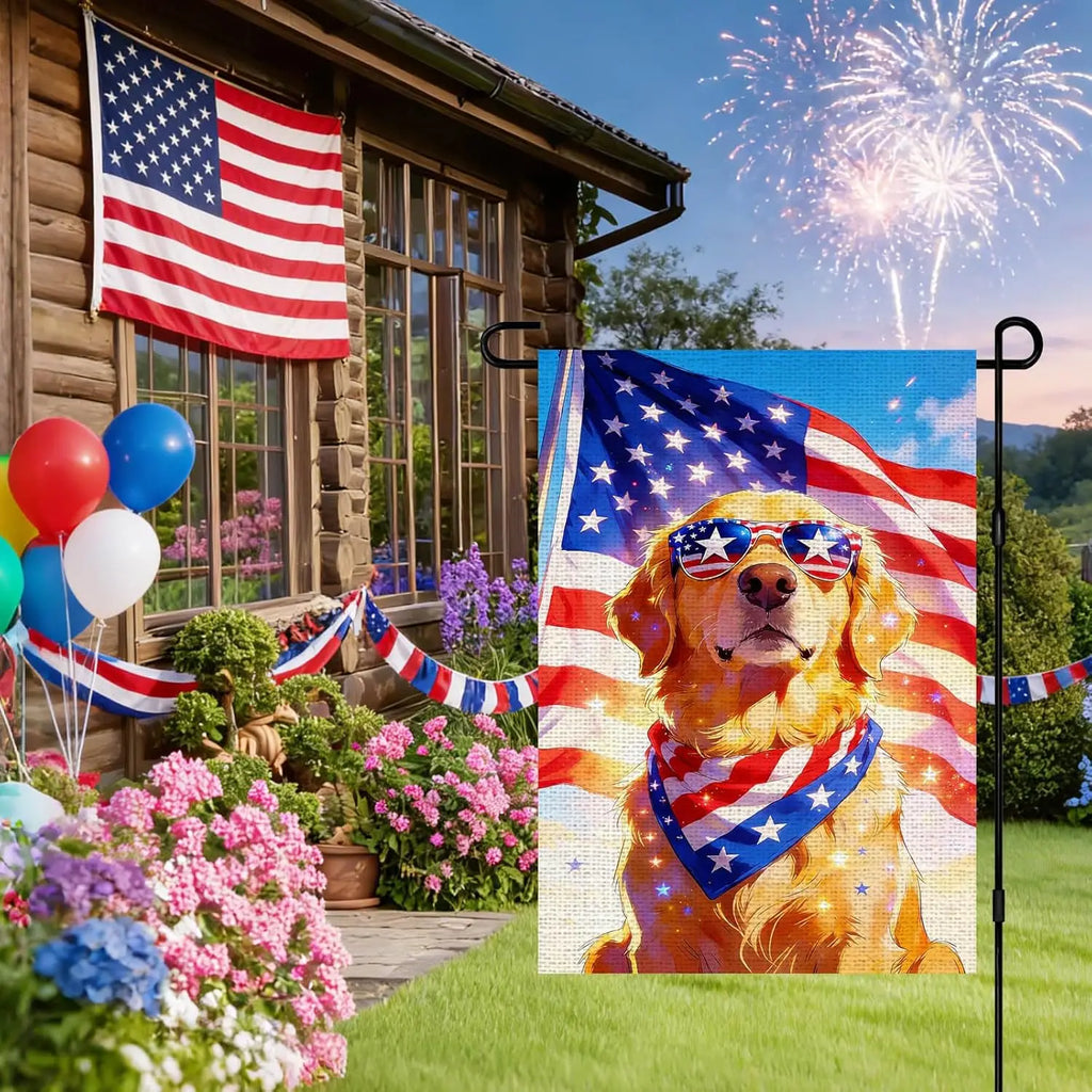 IVN Burlap Patriotic 4th of July Garden Flags 12x18 Inch Double Sided Yard Flags American Flag Golden Retriever Dog Sunglass YYQ