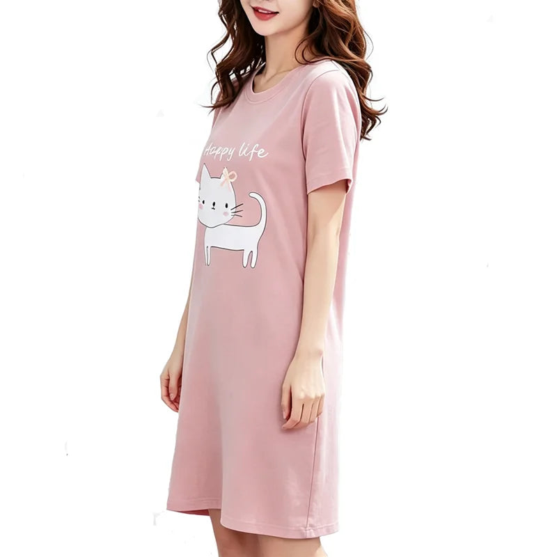 Cute Cat Women's Nightgowns Fashion Night Wear Summer Nightdress Cartoon Femme Sleepwear Plus Size Pijamas Pyjama
