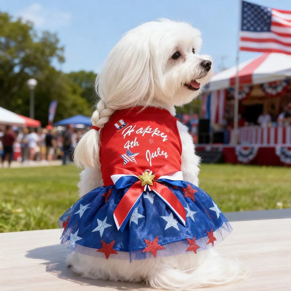 Dog Dress Clothes Pet Mesh Dress Patriotic Independence Day Classic Skirt for Cats Dogs Spring Summer Costume Festival Dress Up