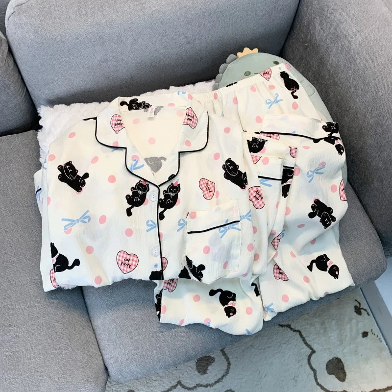 Love Cat Bow Tie Dot Print Kawaii Set 2 Piece Woman Pajamas Harajuku Style Sweet Cute Women's Pajamas Casual Spring Sleepwear