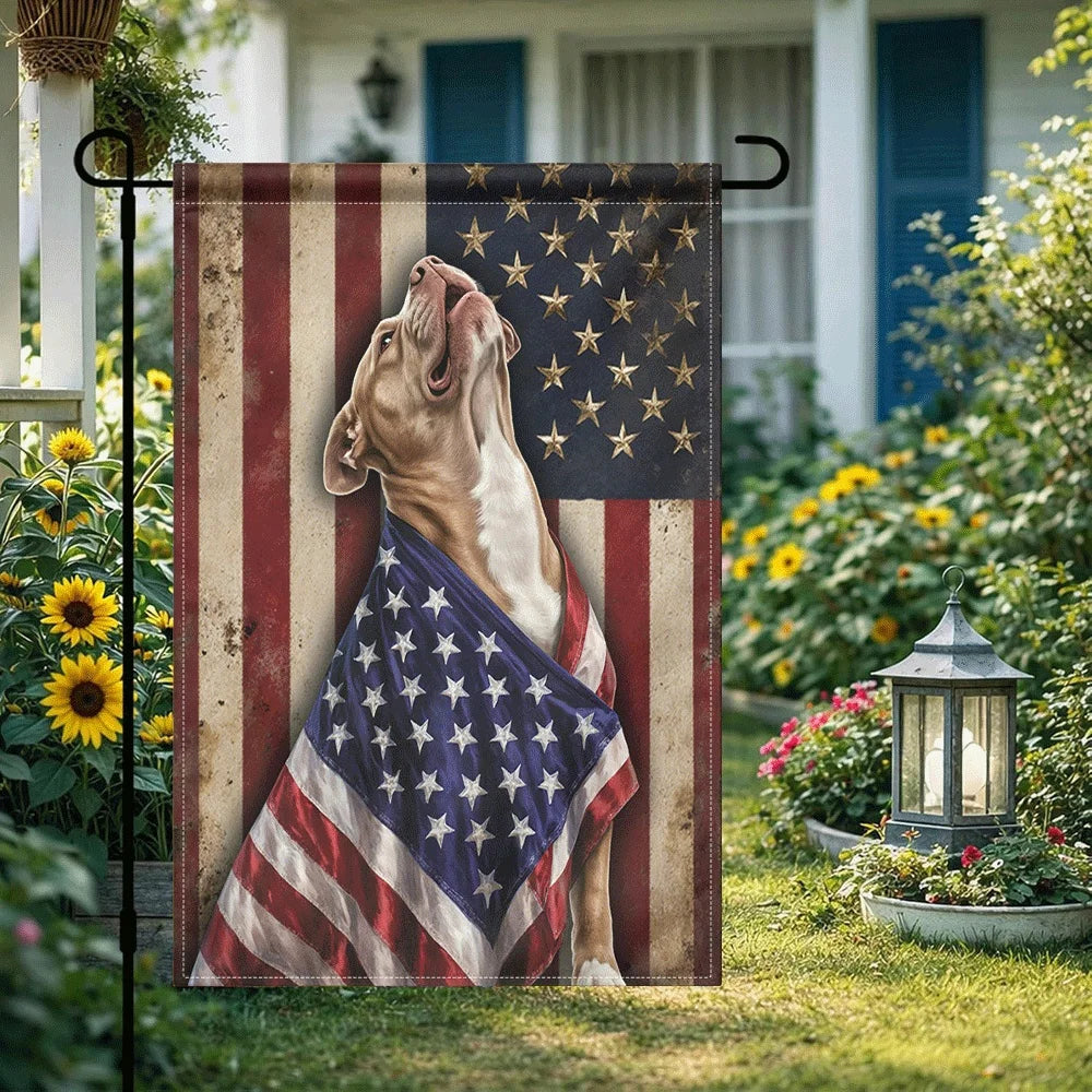 1PC American Flag Pitbull Garden Flag, Vintage Patriotic Dog Print Yard Flag, Double Sided Weather Resistant O