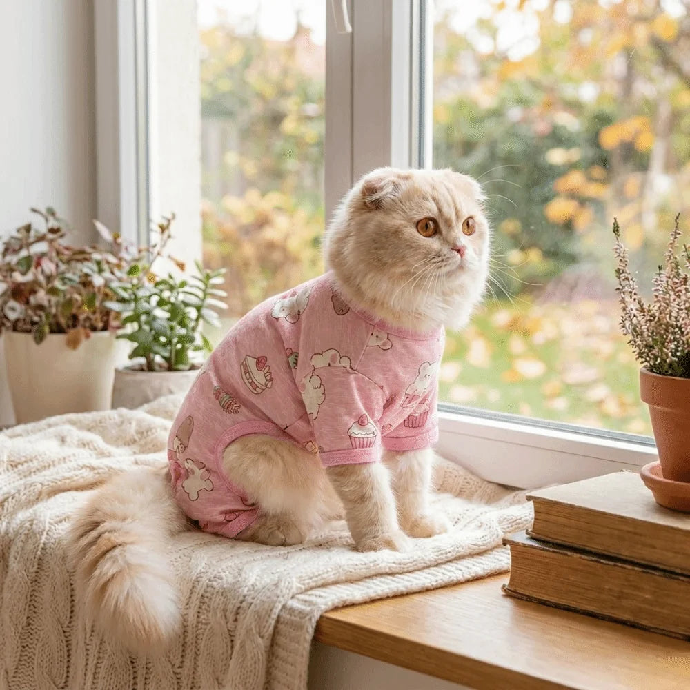 Cartoon Print Cat Cooling Jumpsuit Breathable Mesh Sun Protection Pet Four-legged Clothes Ultra-thin Summer Cat Clothes Travel