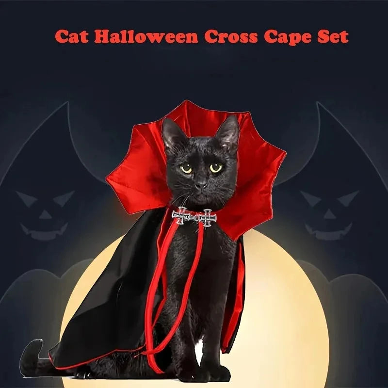 Spooky Vampire Halloween Costume for Cats, Cloak & Hat Set, Pet Party Festival Cosplay Apparel