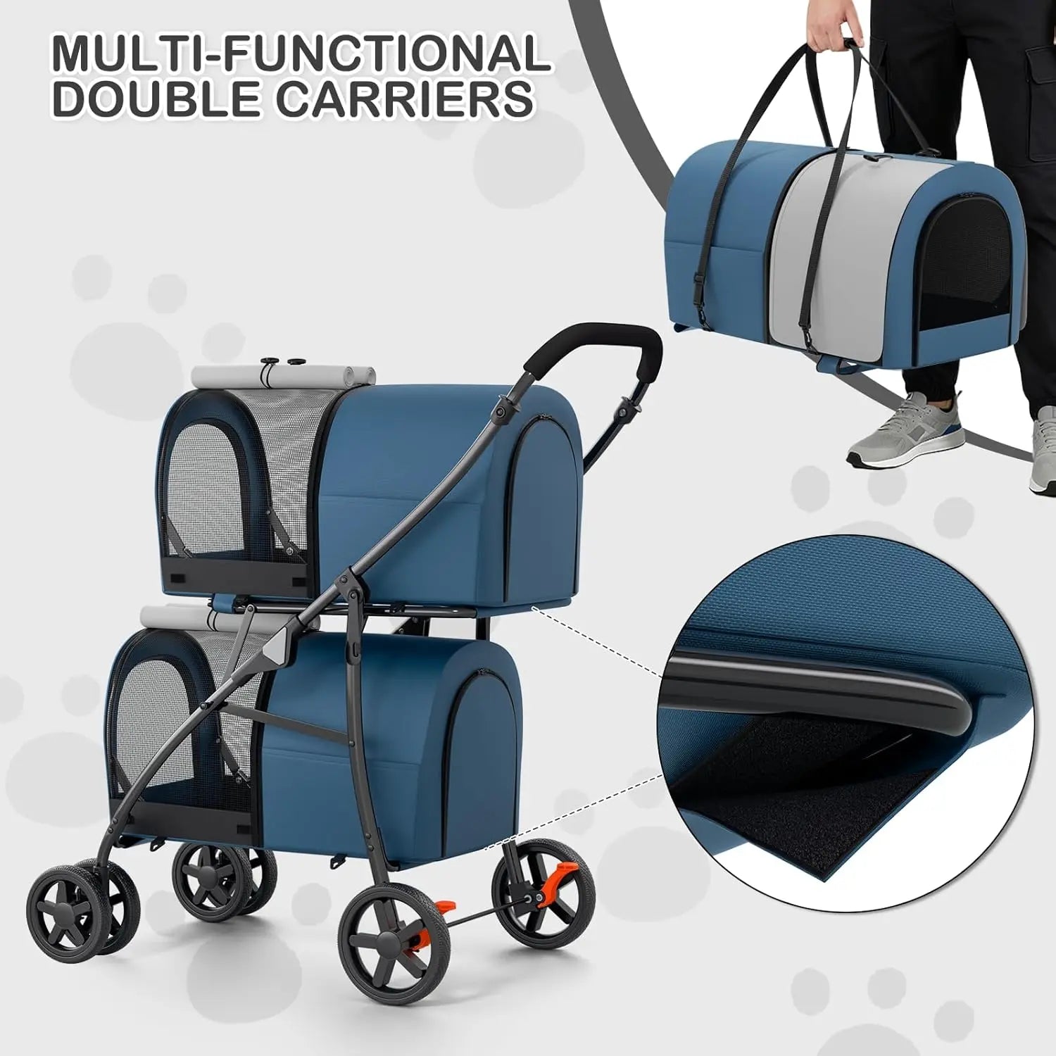 Double Pet Stroller with Detachable Carriers, Foldable 4-Wheel Design for Small to Medium Dogs and Cats, Navy Blue/Gray