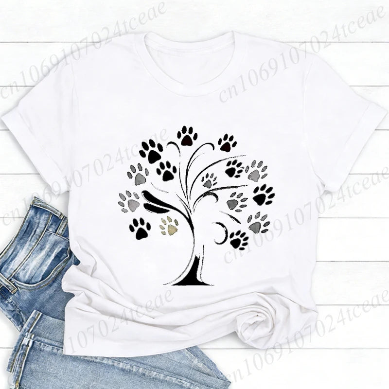 Women Dog Paw Print Graphic T Shirt Cute Pet Lover O Neck Short Sleeve Casual Streetwear Aesthetic Daily Fashion Tee Tops Gift