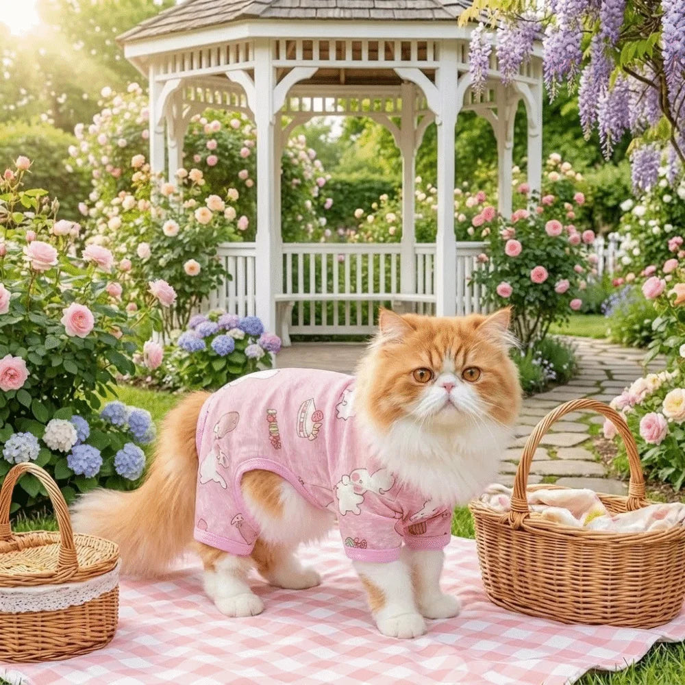 Cartoon Print Cat Cooling Jumpsuit Breathable Mesh Sun Protection Pet Four-legged Clothes Ultra-thin Summer Cat Clothes Travel