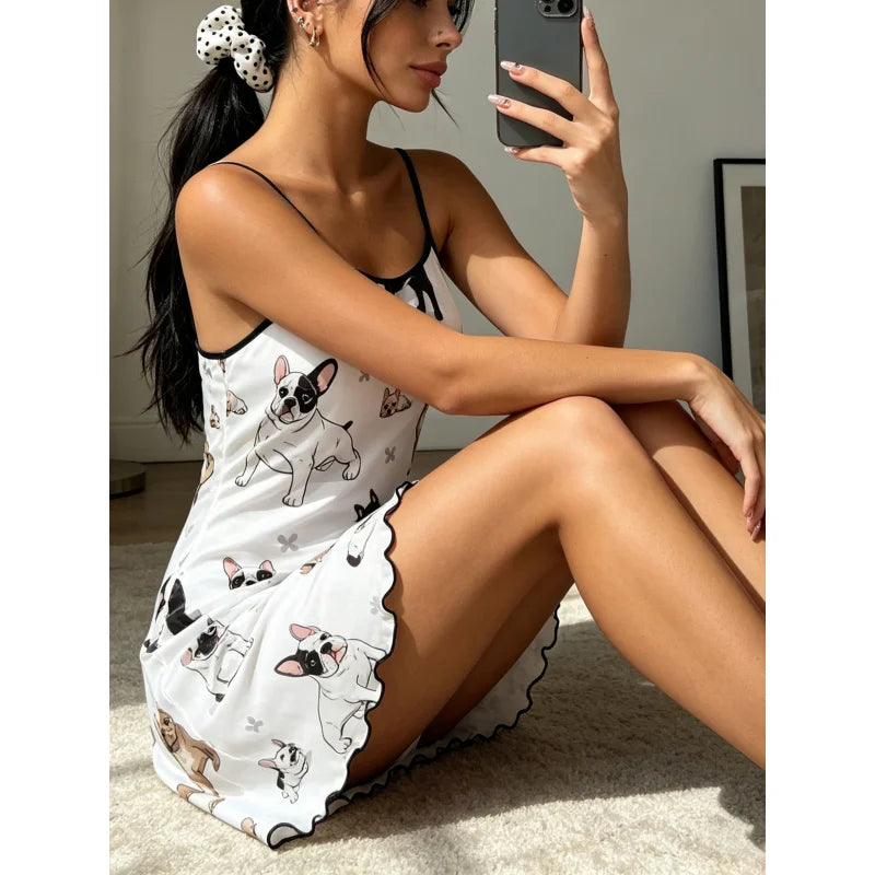 Women Summer Nightdress Spaghetti Strap Ruffle Trim Round Neck Home Loungewear Sleep Dress Cute French Bulldog Print