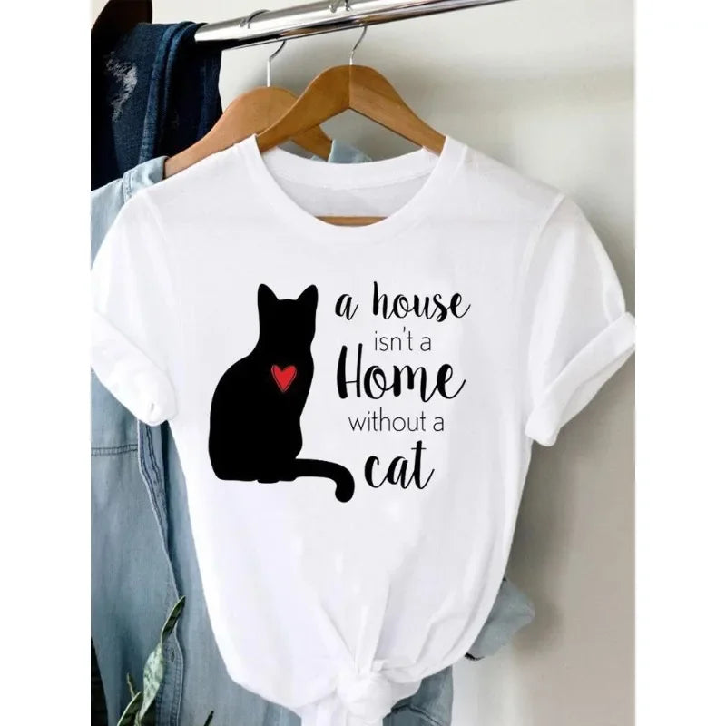 Women's Harajuku Short-Sleeved Graphic T-Shirt Cat Print Aesthetic Top Casual Wear Polyester Fabric Summer Fashion