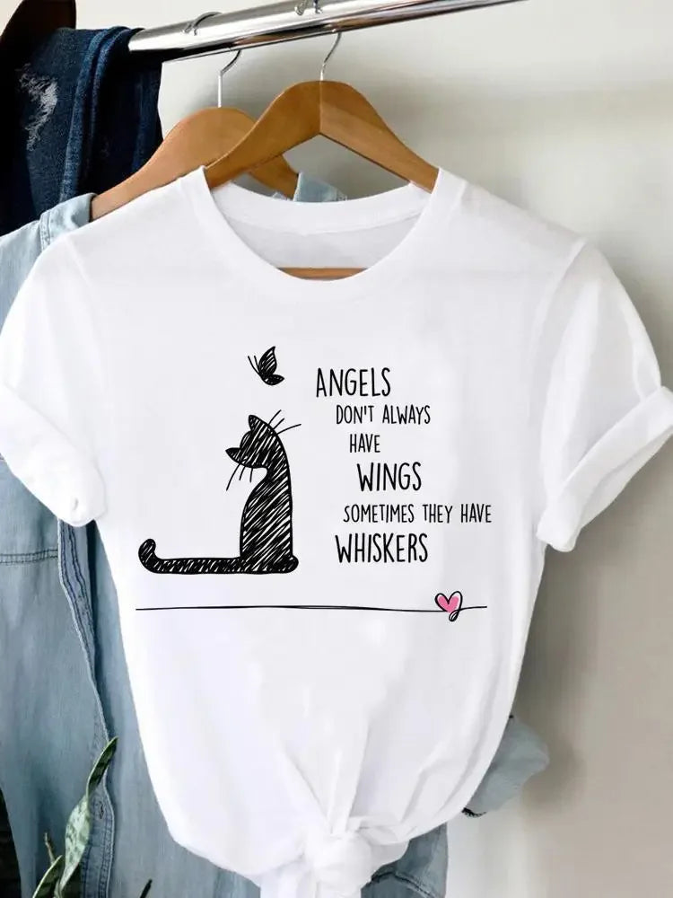 Women's Harajuku Short-Sleeved Graphic T-Shirt Cat Print Aesthetic Top Casual Wear Polyester Fabric Summer Fashion