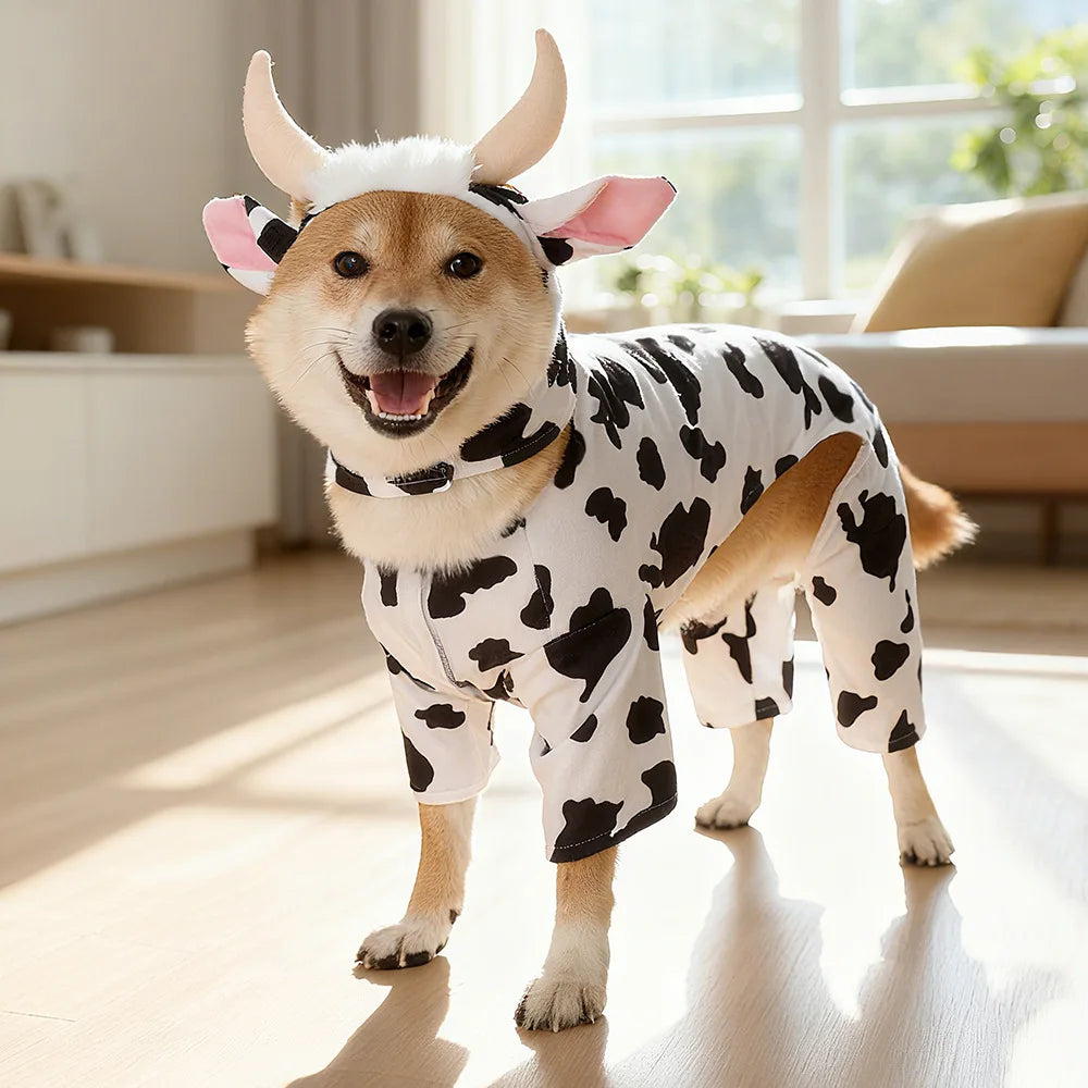 Tiger & Cow Print Dog Costume Pet Cosplay Jumpsuit for Small Medium Dogs Cat Halloween Party Outfit Soft Warm Dog Clothes