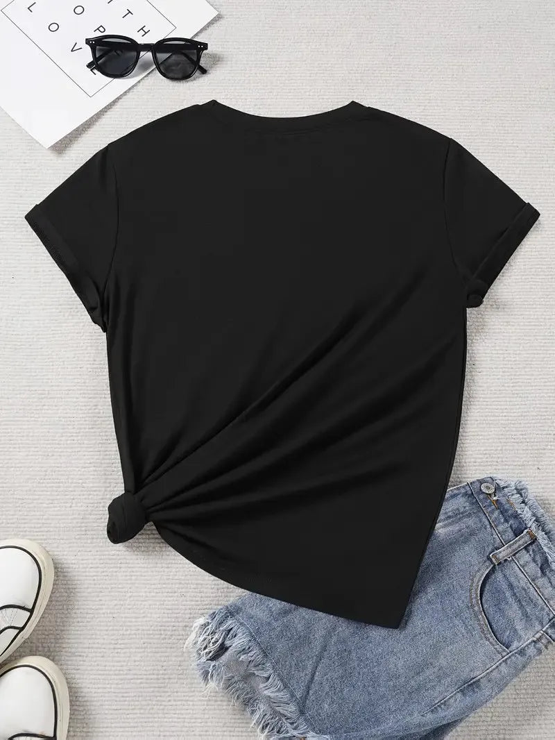 Cute Black Cat with Pink Bow Pattern T-Shirt, Women's Summer Casual Short-Sleeve Crew Neck T-Shirt, Kawaii Kitten Harajuku Style
