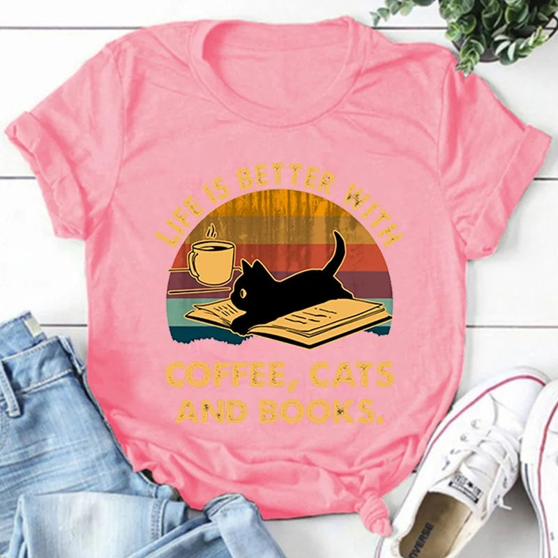 Hot Life Is Better With Coffee Cats And Books Print Loose Short Sleeve Harajuku Casual Tops Women Men T-Shirt