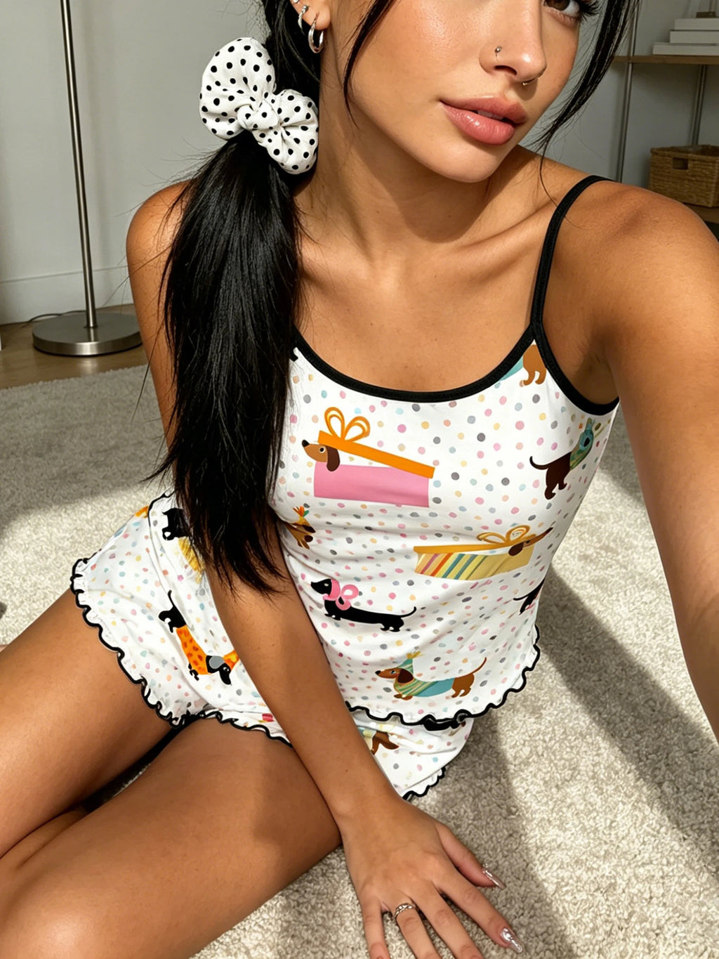 Women 2pcs Pajama Set Spaghetti Strap Ruffle Trim Round Neck Sleeveless Cami & Shorts Spring Summer Fall Cute Dachshund Print