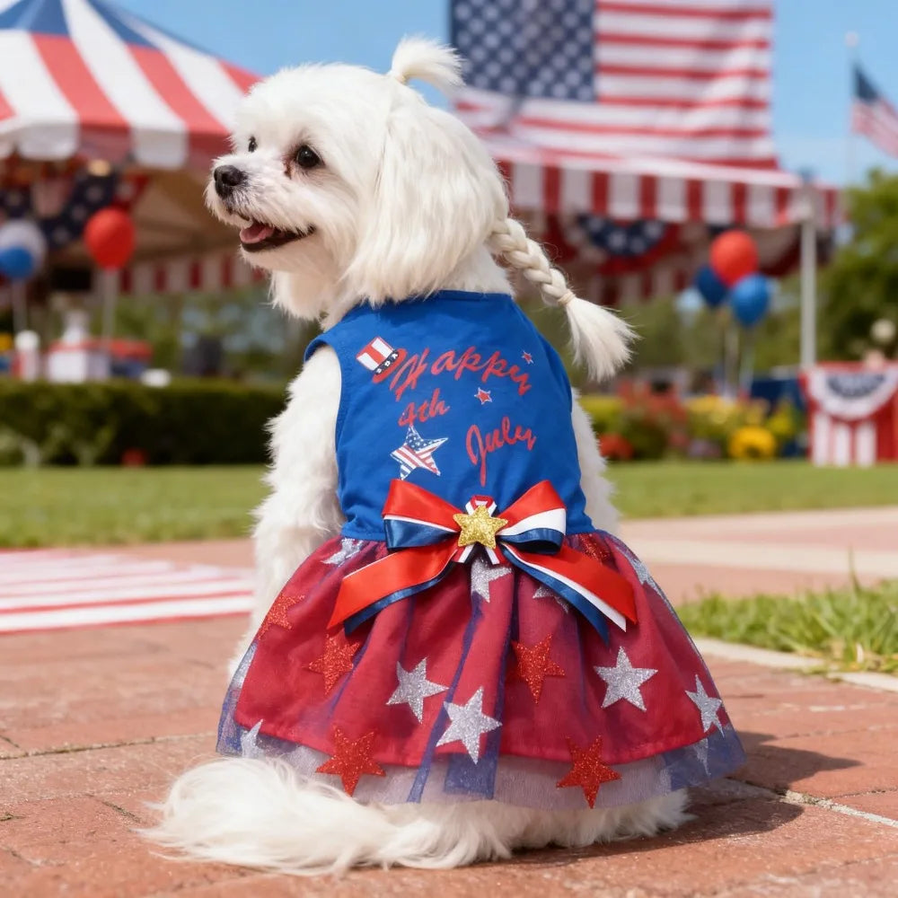 Dog Dress Clothes Pet Mesh Dress Patriotic Independence Day Classic Skirt for Cats Dogs Spring Summer Costume Festival Dress Up