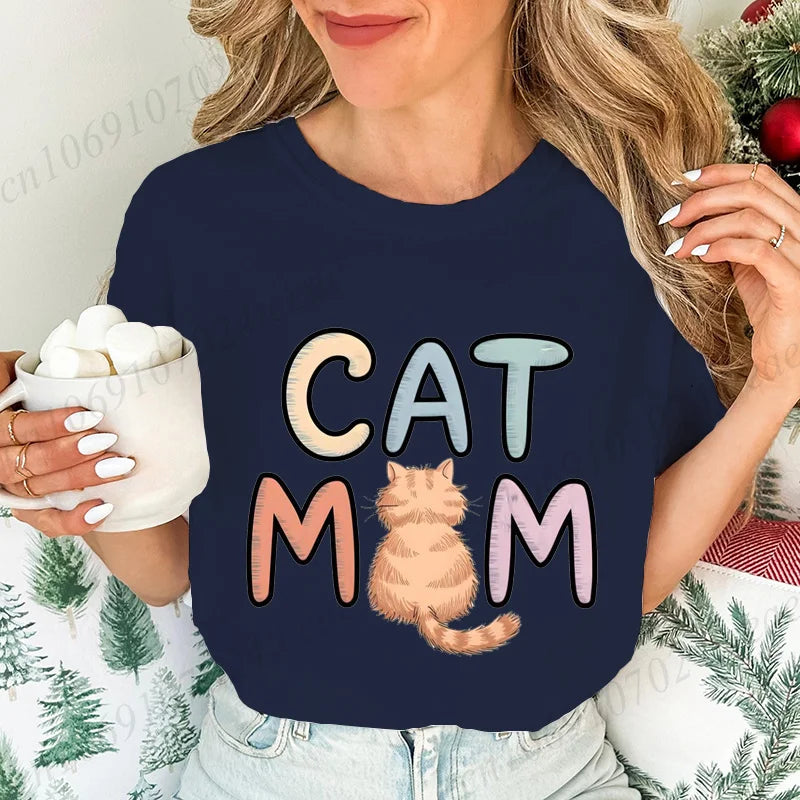 Summer New Fashion T-Shirts Cute Cat Mom Graphic Print Clothing Women's T-Shirt Harajuku Graphic Clothing Women Top Short Sleeve