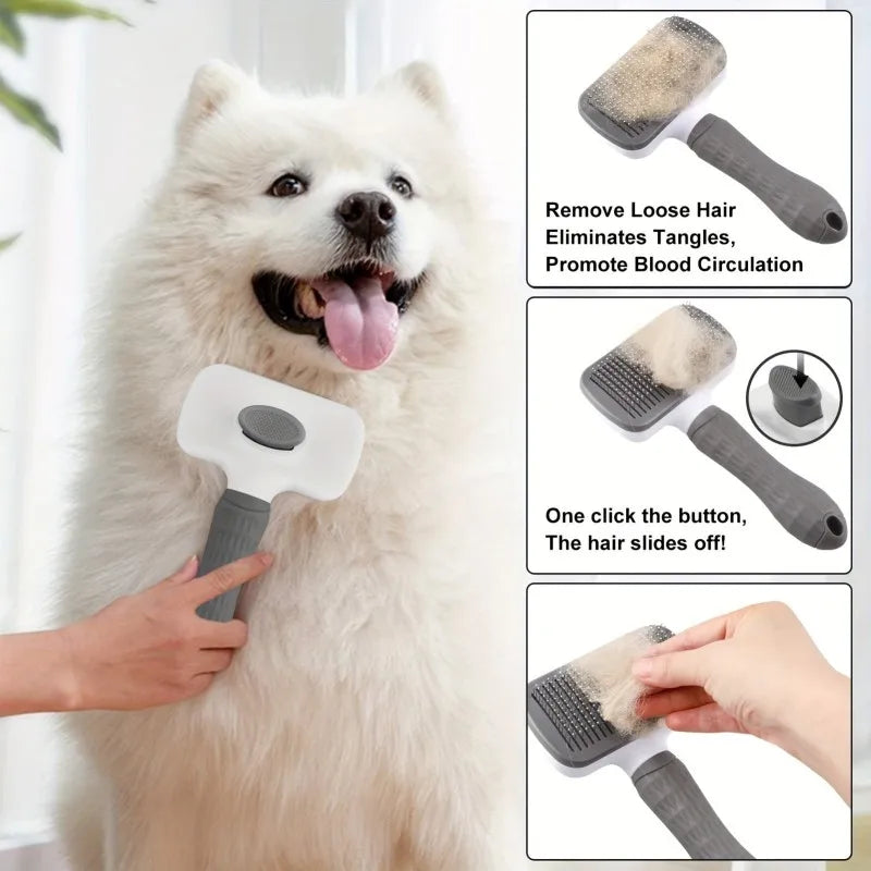 Pet Grooming Brush with One-Click Hair Removal — Massaging Comb for Dogs & Cats