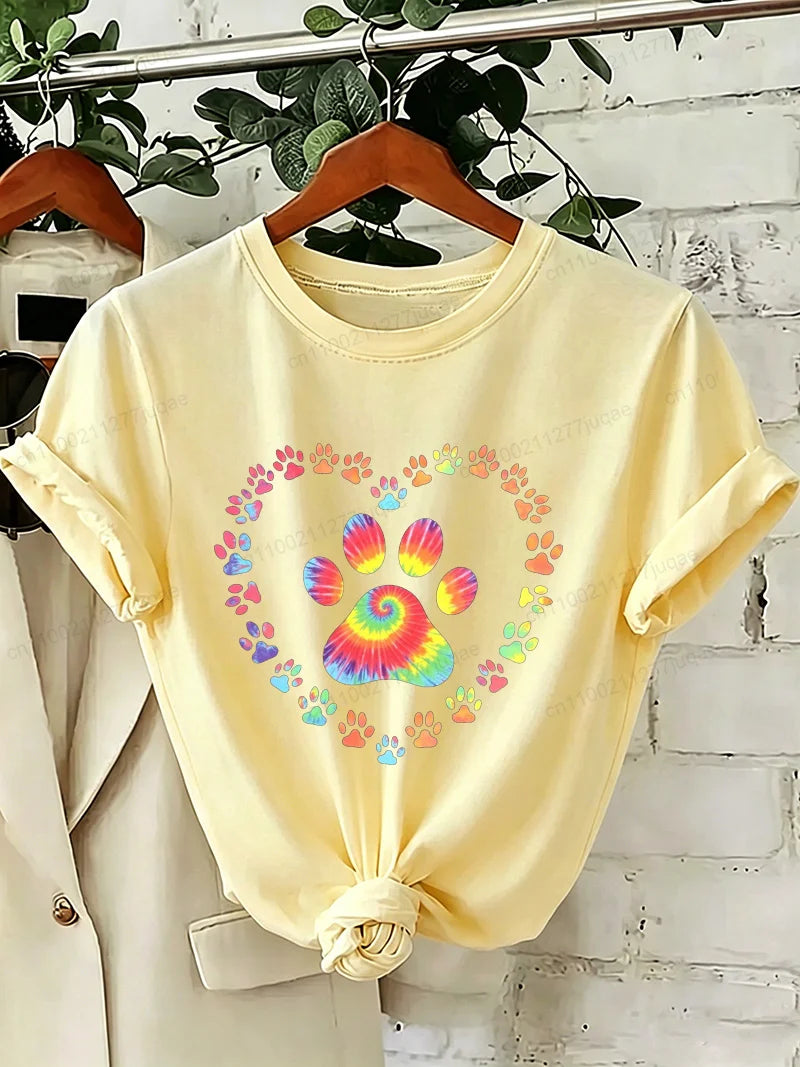 Dog Paw Print Heart Animal Lover T-Shirts Colorful Dog Paw Colorful Dog Paw Shirts Heart Anime Women's T-Shirts Short Sleeve