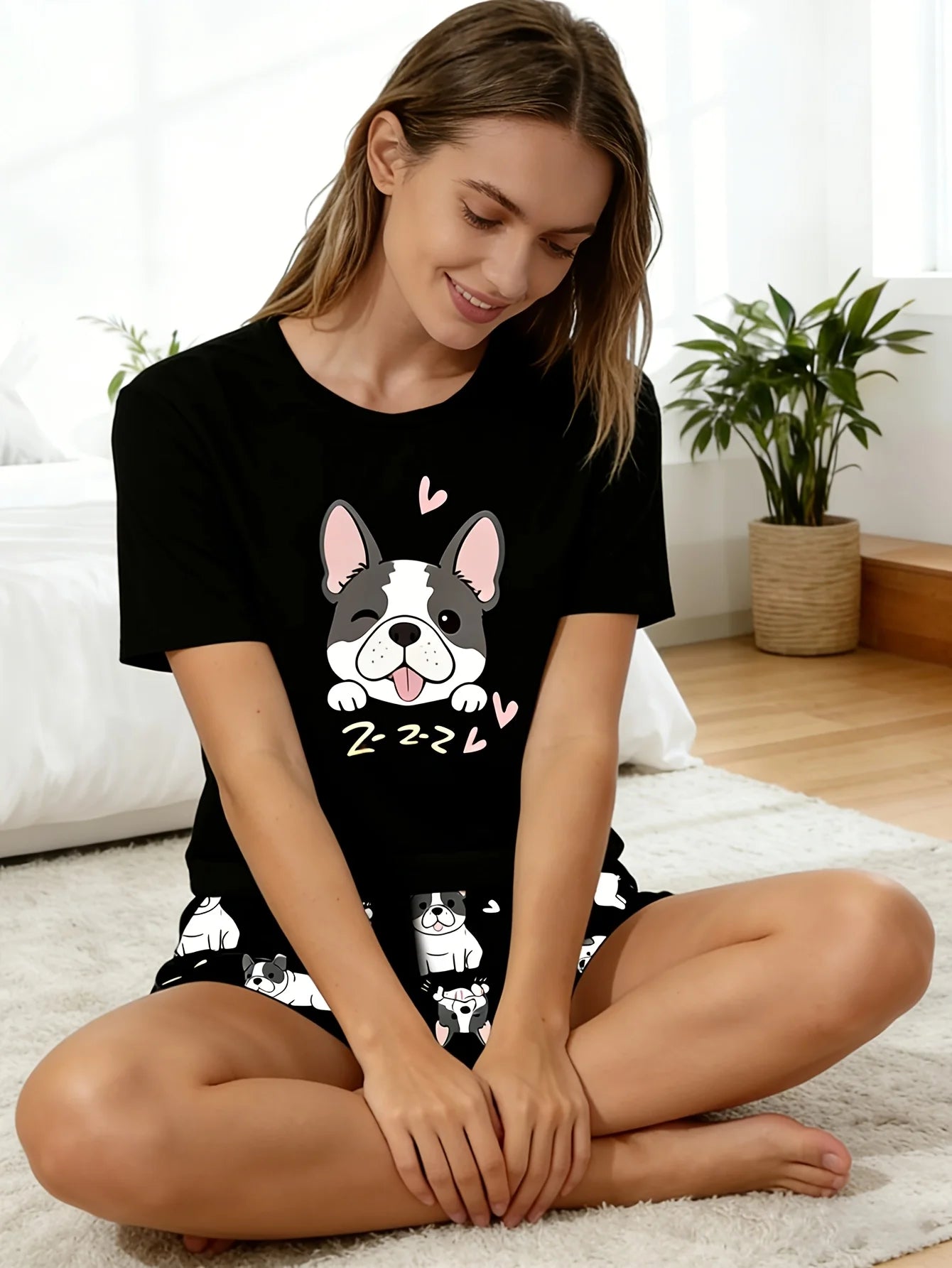 Ladies' Dog Printed Short sleeved Pajama Set