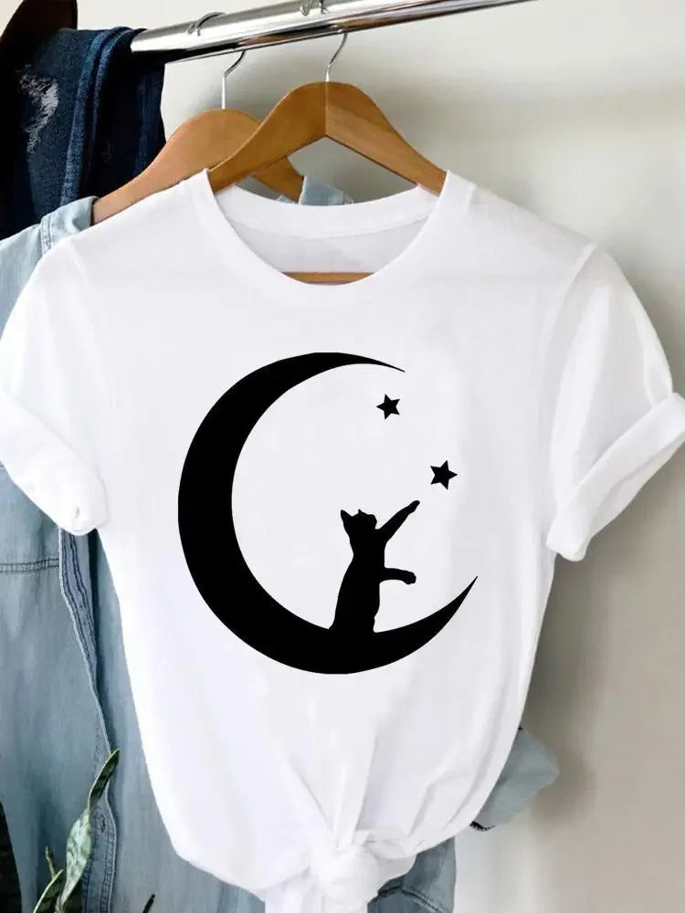 Women's Harajuku Short-Sleeved Graphic T-Shirt Cat Print Aesthetic Top Casual Wear Polyester Fabric Summer Fashion