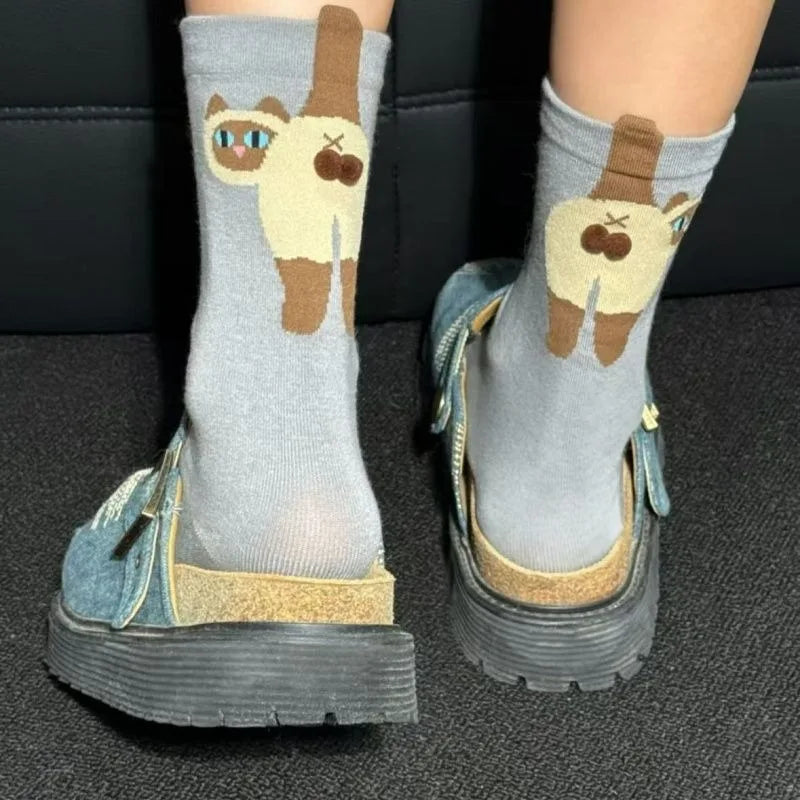 Cartoon Cute Dog Egg Cotton Socks for Women Kawaii Spring Autumn Knitting Middle Tube Socks Cat Butt Print Cat Balls Couple Sock