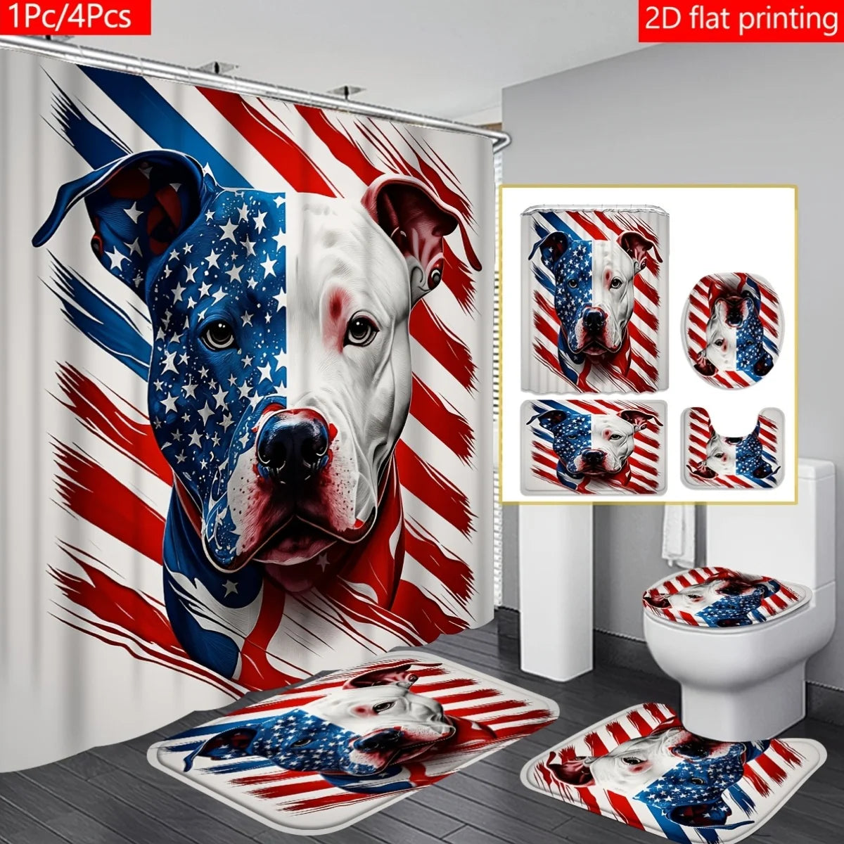 2D Flat Stars Stripes Pitbull Shower Curtain Set Patriotic Bathroom Decor with Hooks Polyester Washable Home Art