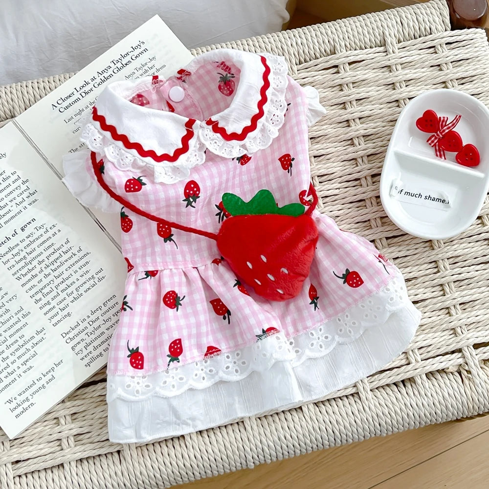 Strawberry Plaid Dog Dress — Cute Summer Outfit for Small Female Dogs & Cats