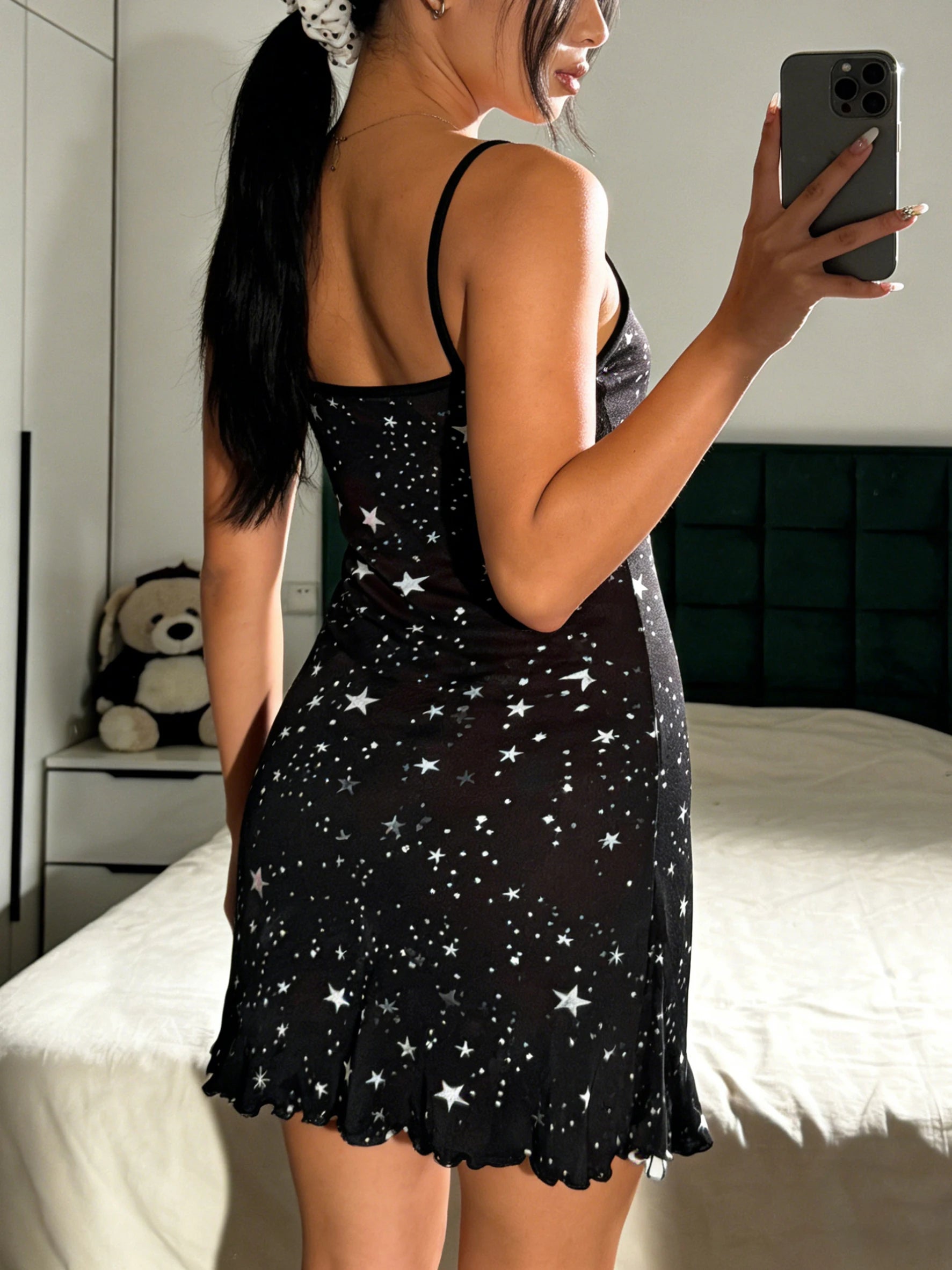 Summer Women Nightdress Spaghetti Strap Ruffled Round Neck Cute Cat Star Print