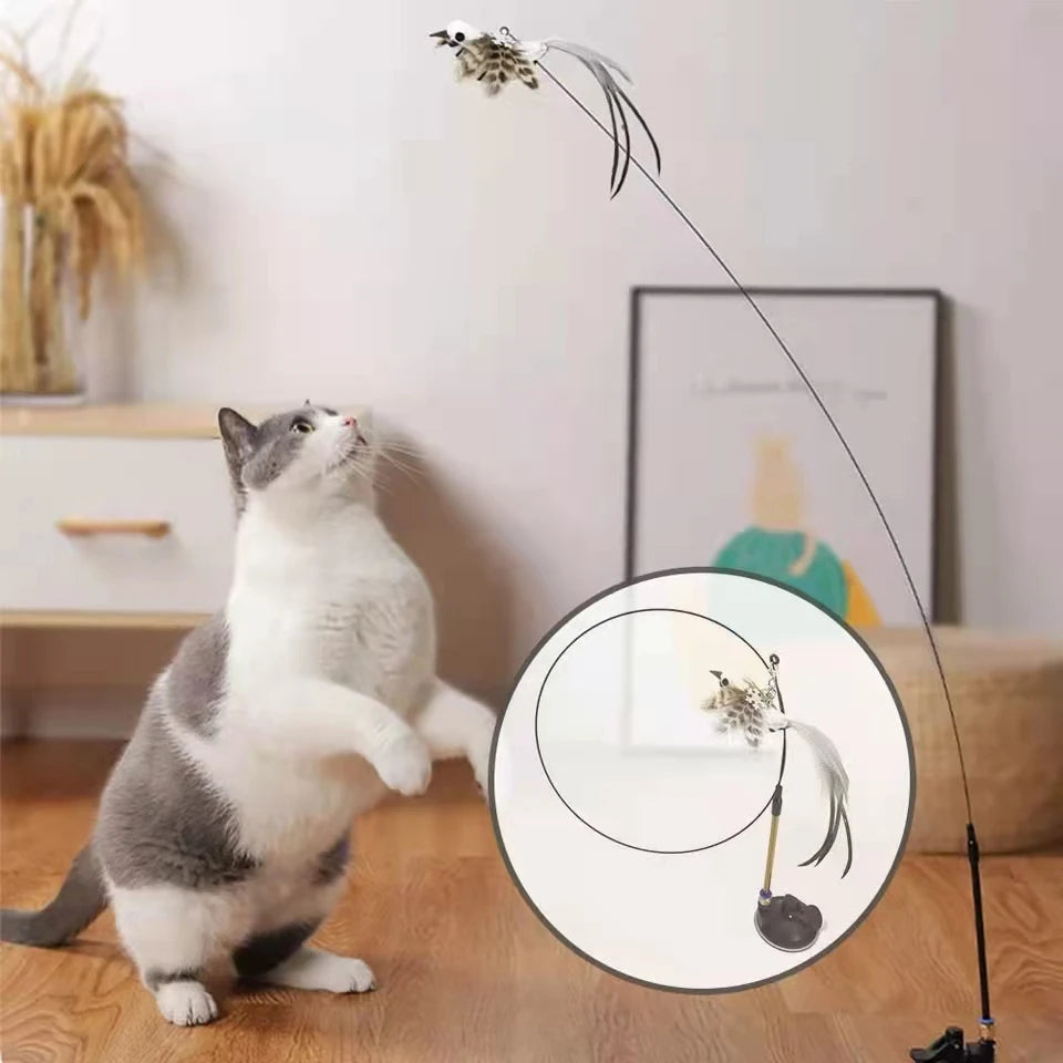 Interactive Feather Bird Cat Wand Toy with Bell & Suction Cup