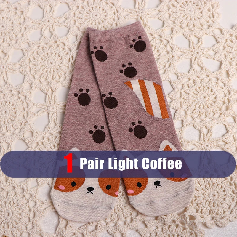 5 Pairs New Cartoon Socks Kawaii Women Cute Animal Patterned Fox Dogs Bear Cat Cotton Socks Student Printed Casual Socks Female
