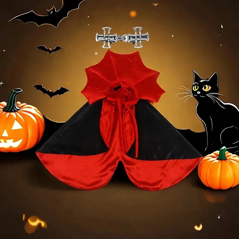 Spooky Vampire Halloween Costume for Cats, Cloak & Hat Set, Pet Party Festival Cosplay Apparel