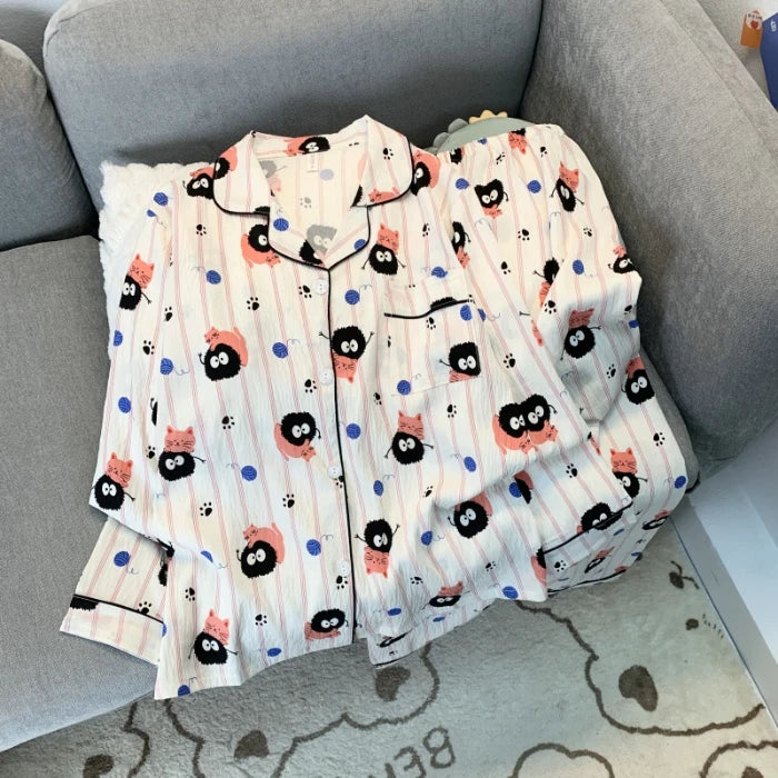 Love Cat Bow Tie Dot Print Kawaii Set 2 Piece Woman Pajamas Harajuku Style Sweet Cute Women's Pajamas Casual Spring Sleepwear
