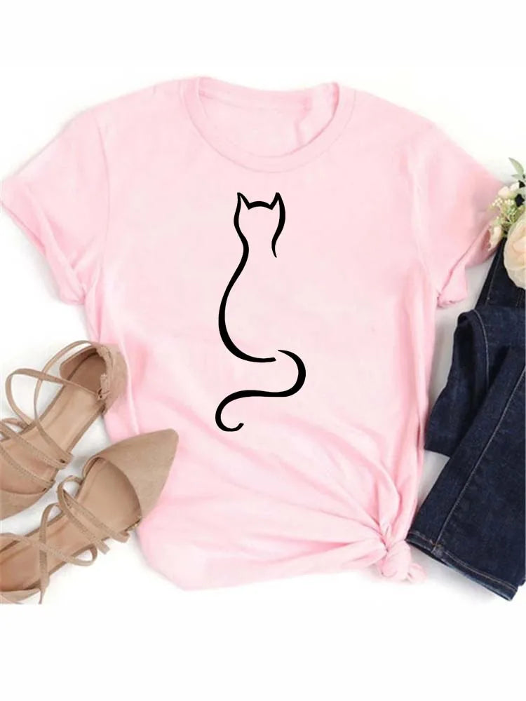 New Cute Love Heart Cat Print Women T-Shirt Casual Short Sleeve Top Summer Women's Clothing Cartoon Streetwear Y2k Clothes