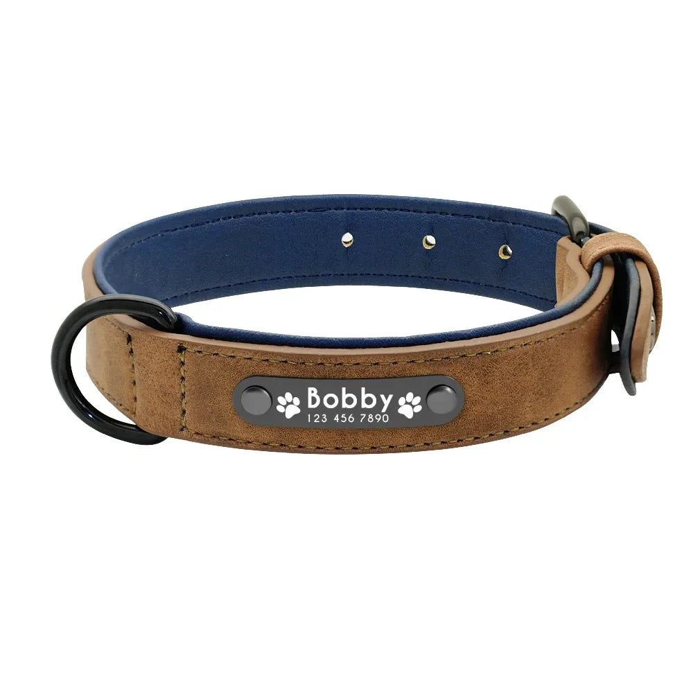 Personalized Leather Dog Collar with Custom Name ID Tag