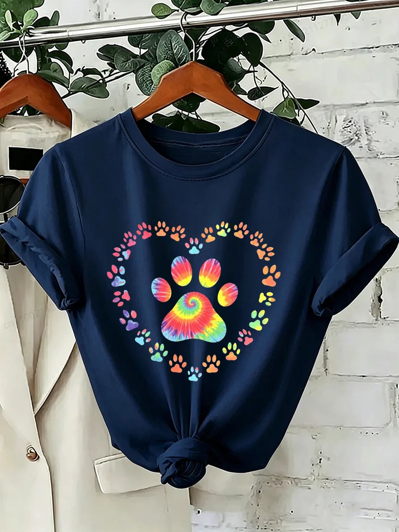 Dog Paw Print Heart Animal Lover T-Shirts Colorful Dog Paw Colorful Dog Paw Shirts Heart Anime Women's T-Shirts Short Sleeve