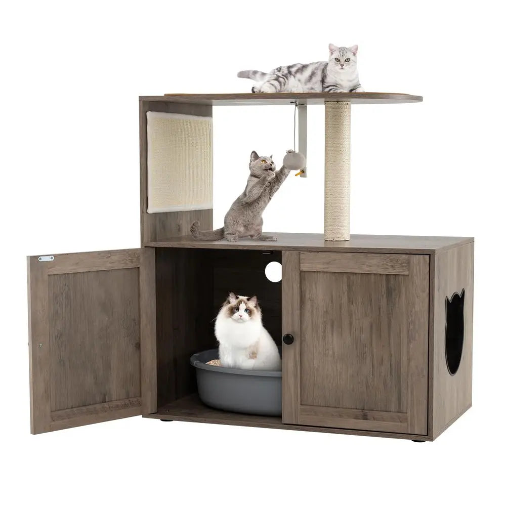 Cat Litter Box Enclosure with Cat Tree, 2in1 Hidden Litter Box with Pad Covered Spacious Top Perch, Sisal Scratching Post and P