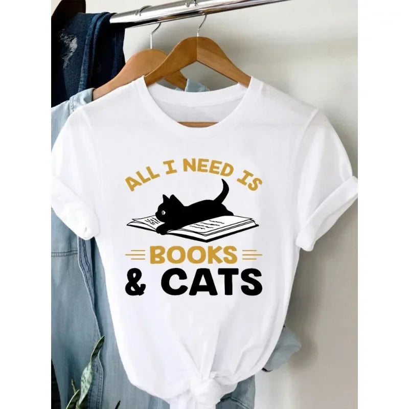 Women's Harajuku Short-Sleeved Graphic T-Shirt Cat Print Aesthetic Top Casual Wear Polyester Fabric Summer Fashion
