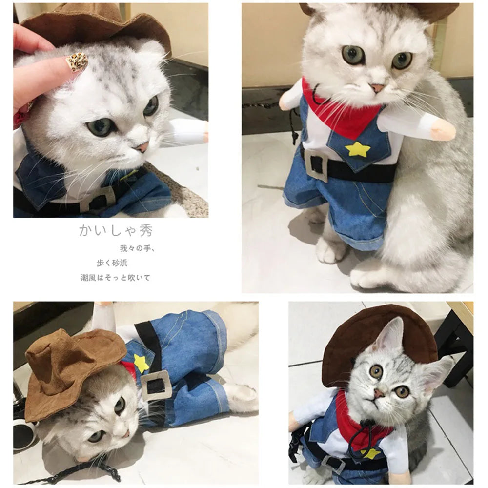 Funny Pet Dog Cat Costume Cowboy Jeans Hoodie Shirts Halloween Costume Jumpsuit Puppy Clothes Funny Coat Cat Party Accessories