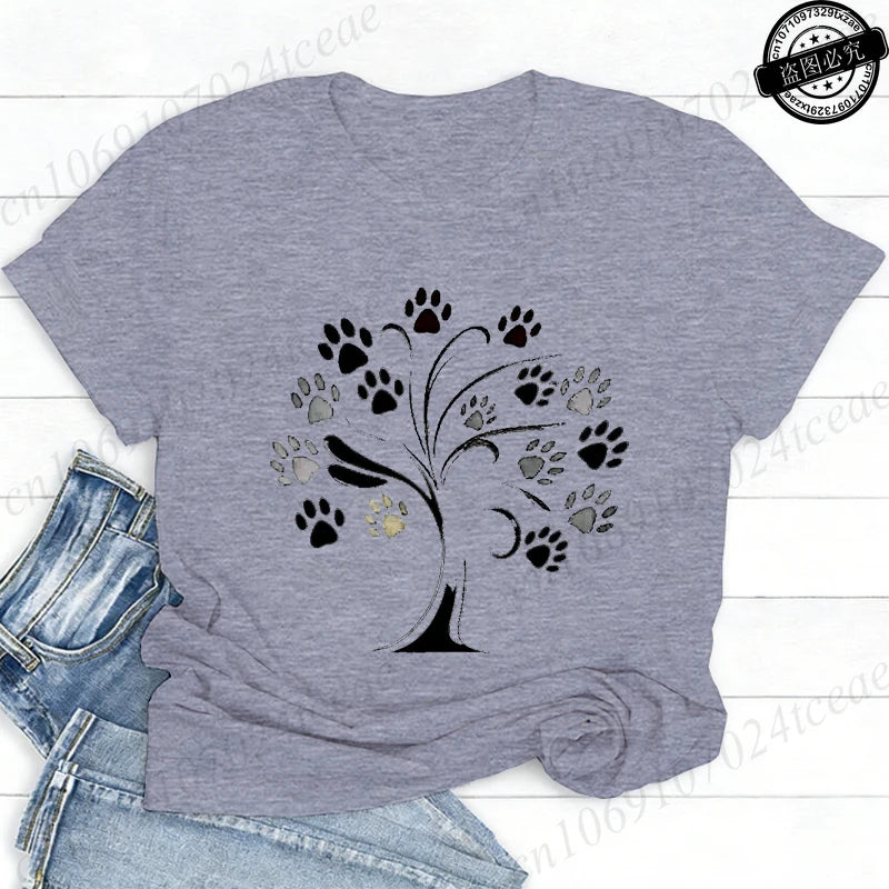 Women Dog Paw Print Graphic T Shirt Cute Pet Lover O Neck Short Sleeve Casual Streetwear Aesthetic Daily Fashion Tee Tops Gift