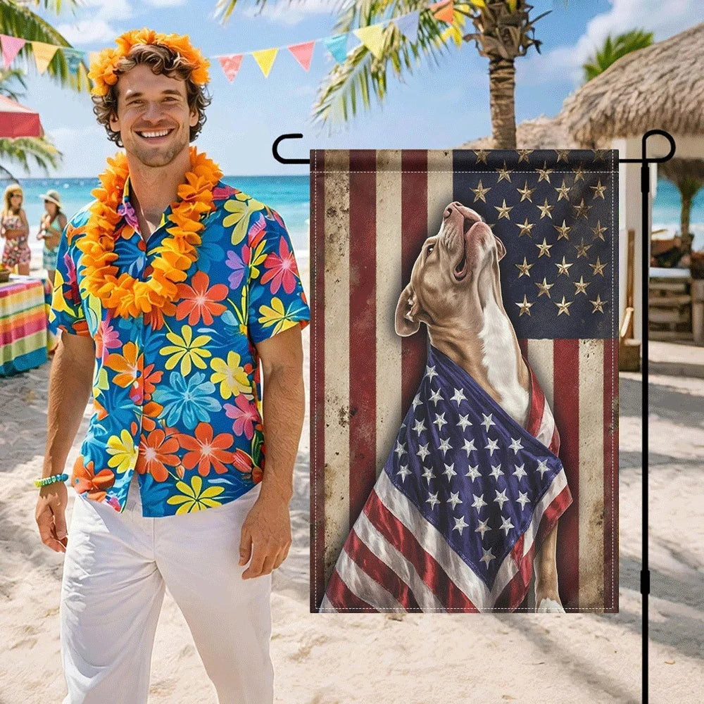 1PC American Flag Pitbull Garden Flag, Vintage Patriotic Dog Print Yard Flag, Double Sided Weather Resistant O