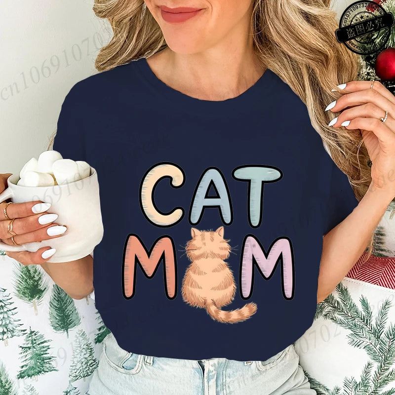 Summer New Fashion T-Shirts Cute Cat Mom Graphic Print Clothing Women's T-Shirt Harajuku Graphic Clothing Women Top Short Sleeve