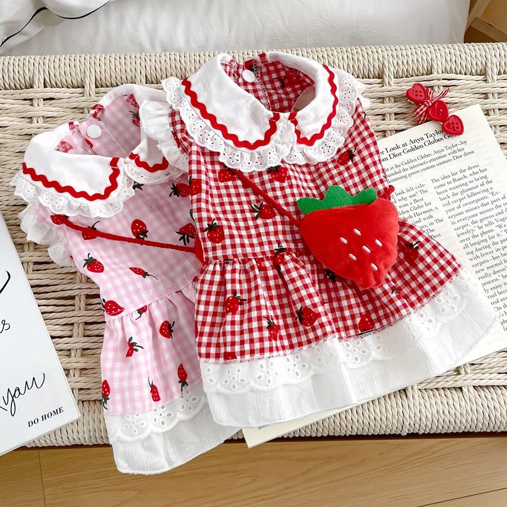 Strawberry Plaid Dog Dress — Cute Summer Outfit for Small Female Dogs & Cats