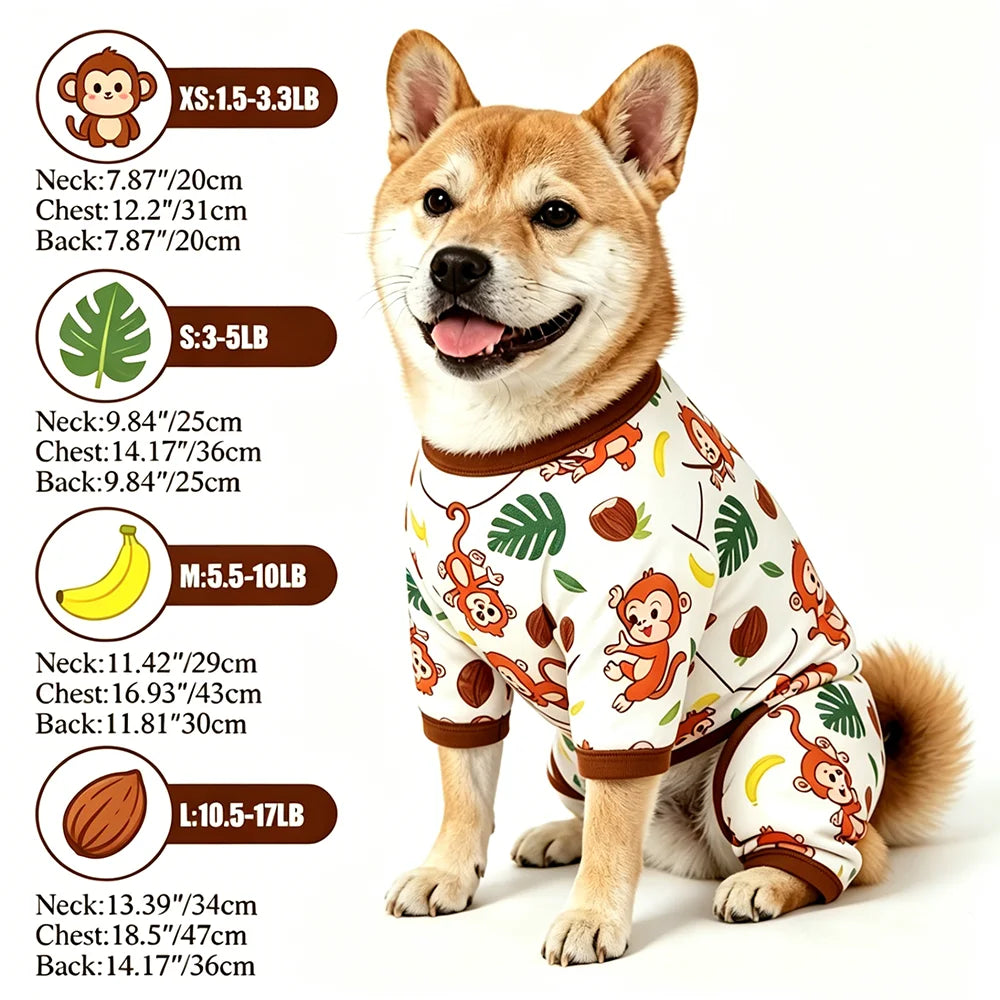 Summer Dog Vest Cute Cartoon Monkey Banana Leaf Print Breathable Thin Four Legged Pajamas for Small Medium Dog Vest Pet Clothes