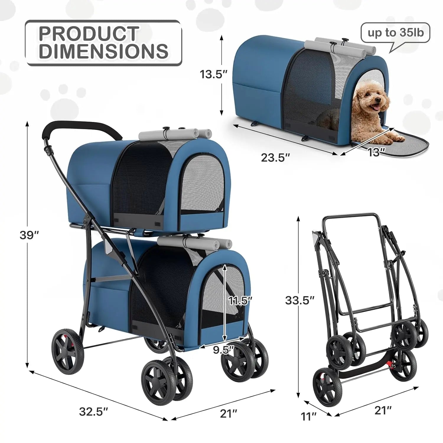 Double Pet Stroller with Detachable Carriers, Foldable 4-Wheel Design for Small to Medium Dogs and Cats, Navy Blue/Gray